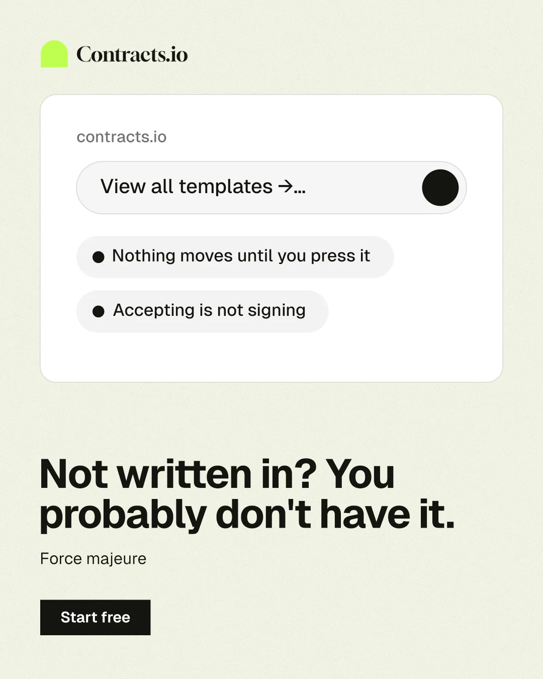 Instagram portrait post for contracts.io: "Not written in? You probably don't have it." Swiss style, bottom layout, light palette in white, grey.