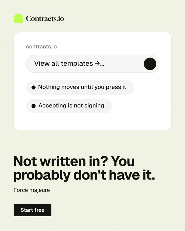 Instagram portrait post for contracts.io: "Not written in? You probably don't have it." Swiss style, bottom layout, light palette in white, grey.
