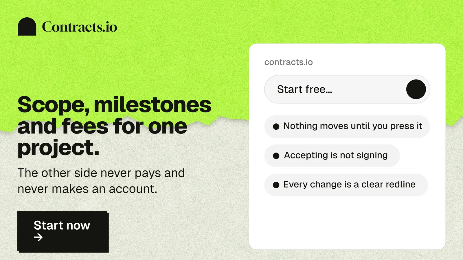 Landscape graphic for contracts.io: "Scope, milestones and fees for one project." Paper trio style, bottom layout, light palette in green, white, grey.