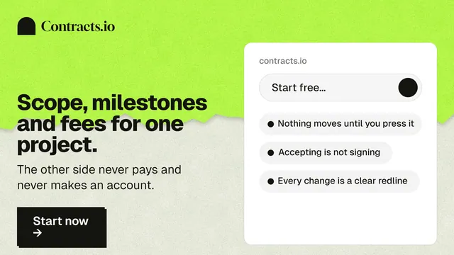 Landscape graphic for contracts.io: "Scope, milestones and fees for one project." Paper trio style, bottom layout, light palette in green, white, grey.
