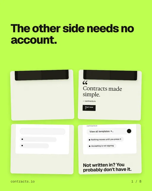 Carousel for contracts.io: "The other side needs no account.". Collection carousel, 8 slides, light palette.