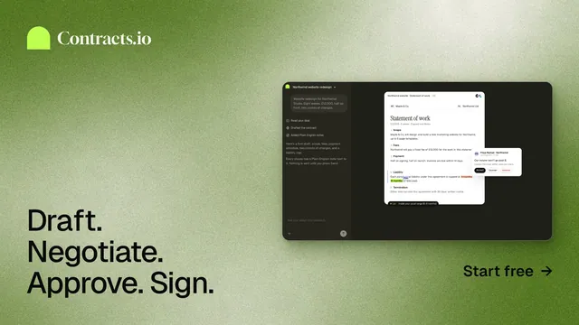 Landscape graphic for contracts.io: "Draft. Negotiate. Approve. Sign." Cyanotype style, image led layout, light palette in green.