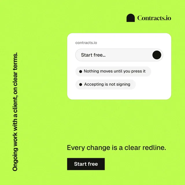 Instagram post for contracts.io: "Ongoing work with a client, on clear terms." Swiss style, vertical layout, light palette in green.