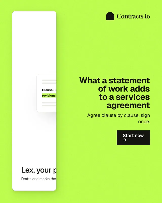 Instagram portrait post for contracts.io: "What a statement of work adds to a services agreement". Swiss style, right layout, light palette in green, white.