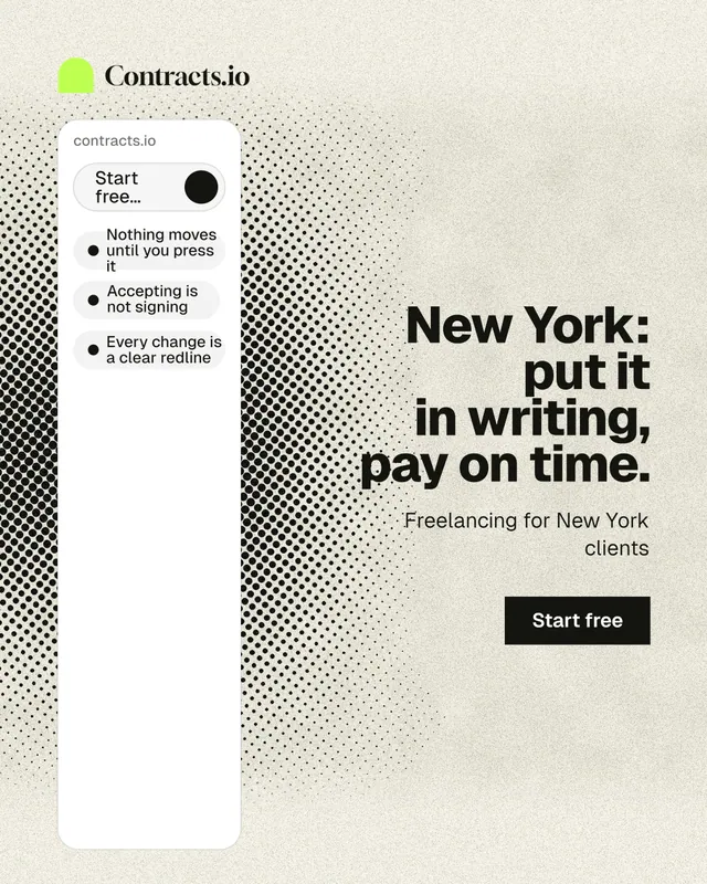 Instagram portrait post for contracts.io: "New York: put it in writing, pay on time." Ink sticker style, right layout, light palette in white, yellow, grey.