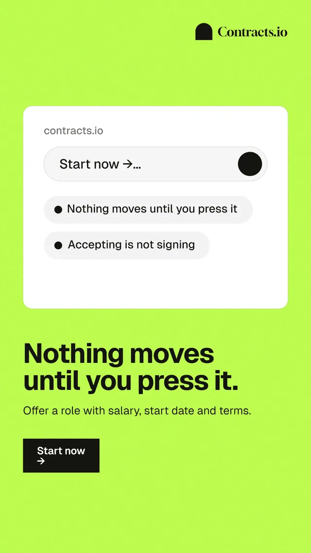 Instagram story for contracts.io: "Nothing moves until you press it." Swiss style, bottom layout, light palette in white, green.