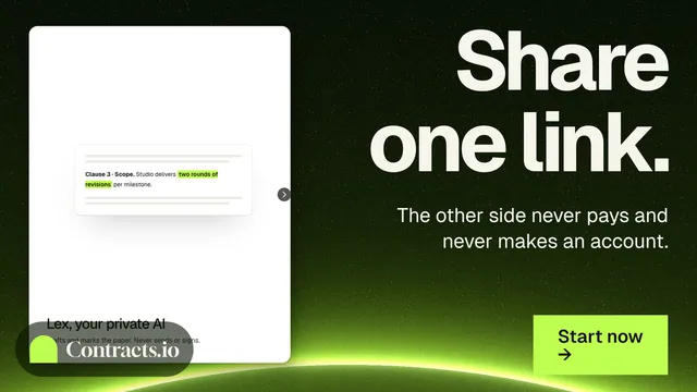 Landscape graphic for contracts.io: "Share one link." Swiss style, right layout, light palette in white, black, green.