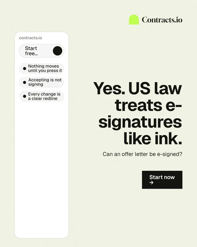 Instagram portrait post for contracts.io: "Yes. US law treats e-signatures like ink." Swiss style, right layout, light palette in white, grey.