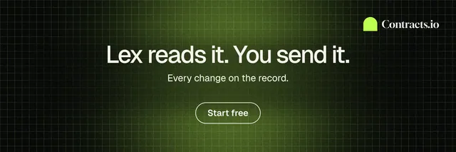 X header for contracts.io: "Lex reads it. You send it." Phosphor atlas style, centred layout, dark palette in green, black.