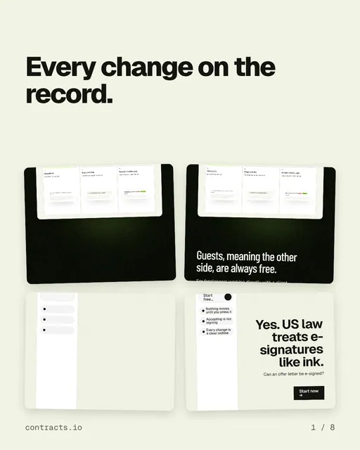 Carousel for contracts.io: "Every change on the record.". Collection carousel, 8 slides, light palette.