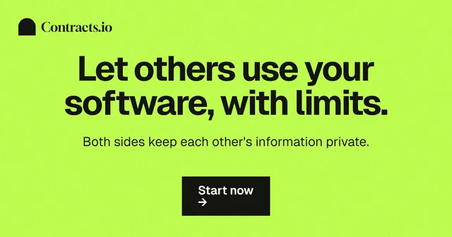 Social ad for contracts.io: "Let others use your software, with limits." Swiss style, centred layout, light palette in green.