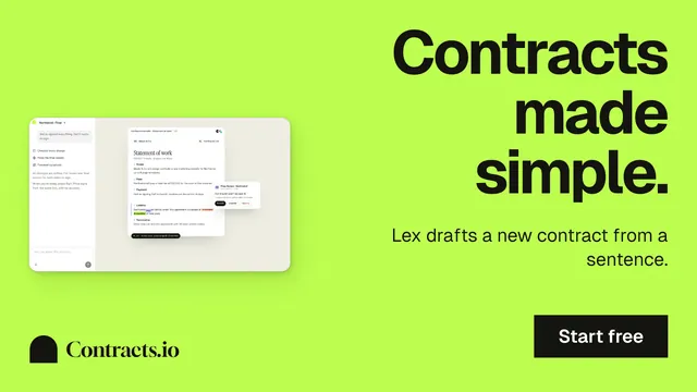 Landscape graphic for contracts.io: "Contracts made simple." Swiss style, right layout, light palette in green.