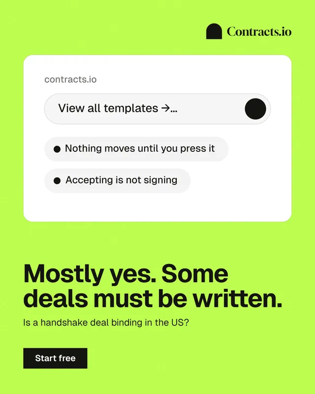 Instagram portrait post for contracts.io: "Mostly yes. Some deals must be written." Swiss style, bottom layout, light palette in green, white.