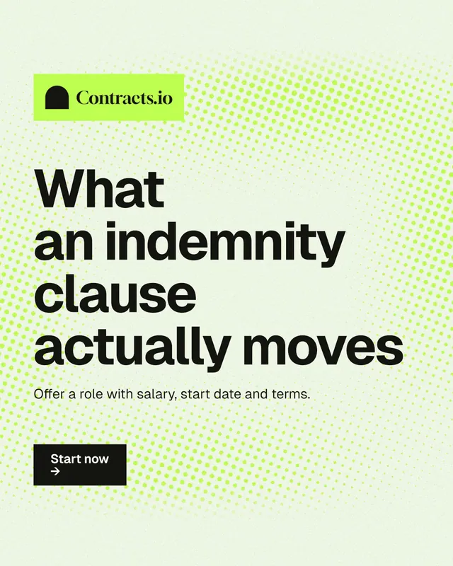 Instagram portrait post for contracts.io: "What an indemnity clause actually moves". Swiss style, announce layout, light palette in white, green, grey.