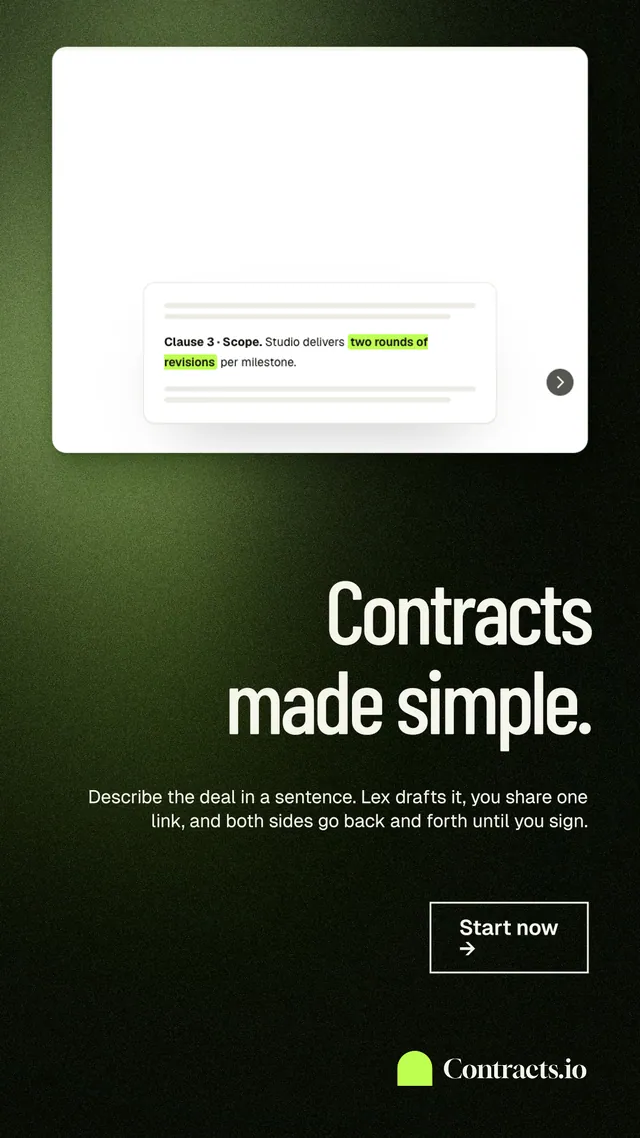 Instagram story for contracts.io: "Contracts made simple." Dark deco style, right layout, dark palette in white, black, green.