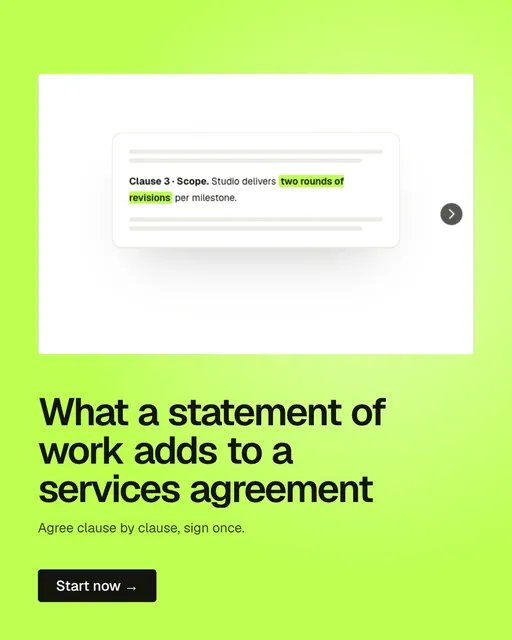 Video for contracts.io: "What a statement of work adds to a services agreement". Doc motion loop, 8.0 s, light palette.