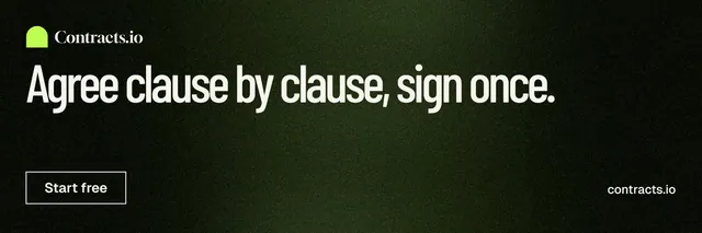 X header for contracts.io: "Agree clause by clause, sign once." Dark deco style, poster layout, dark palette in black, grey.
