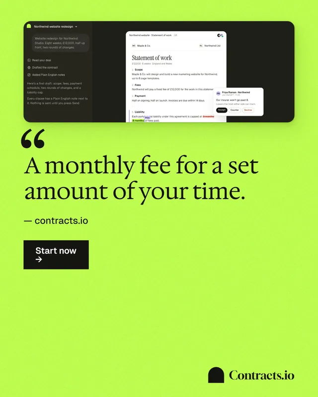 Instagram portrait post for contracts.io: "A monthly fee for a set amount of your time." Swiss style, quote layout, light palette in green.
