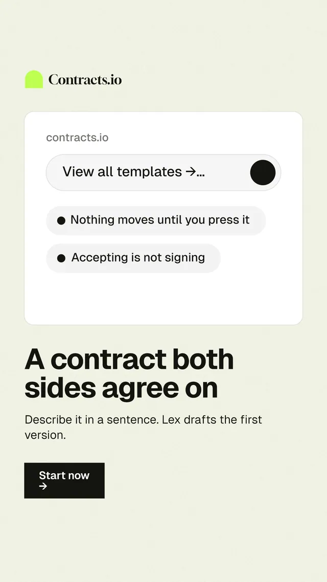 Instagram story for contracts.io: "A contract both sides agree on". Swiss style, bottom layout, light palette in white, grey.