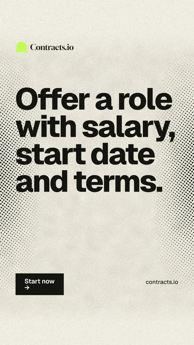 Instagram story for contracts.io: "Offer a role with salary, start date and terms." Ink sticker style, poster layout, light palette in yellow, white, grey.