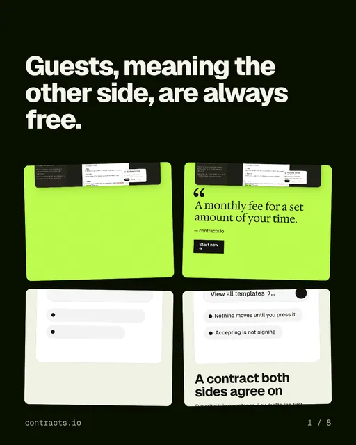 Carousel for contracts.io: "Guests, meaning the other side, are always free.". Collection carousel, 8 slides, dark palette.