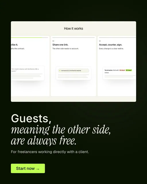 Video for contracts.io: "Guests, meaning the other side, are always free.". Doc motion loop, 8.0 s, dark palette.