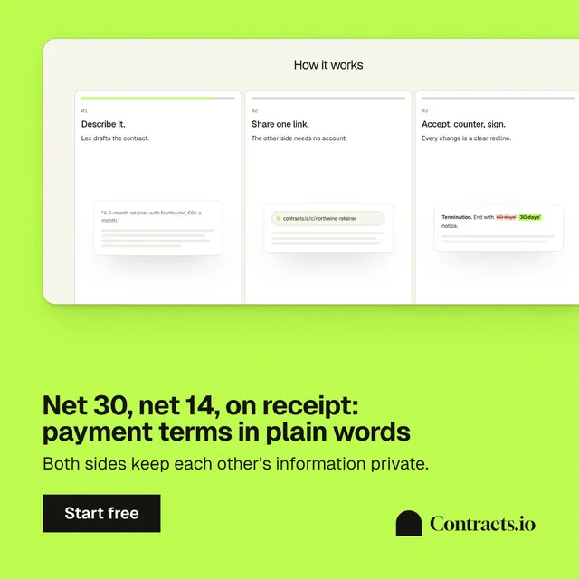 Instagram post for contracts.io: "Net 30, net 14, on receipt: payment terms in plain words". Swiss style, bottom layout, light palette in white, green.