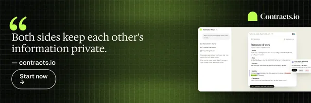 X header for contracts.io: "Both sides keep each other's information private." Phosphor atlas style, quote layout, dark palette in black, white, green.