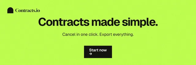 X header for contracts.io: "Contracts made simple." Swiss style, centred layout, light palette in green.