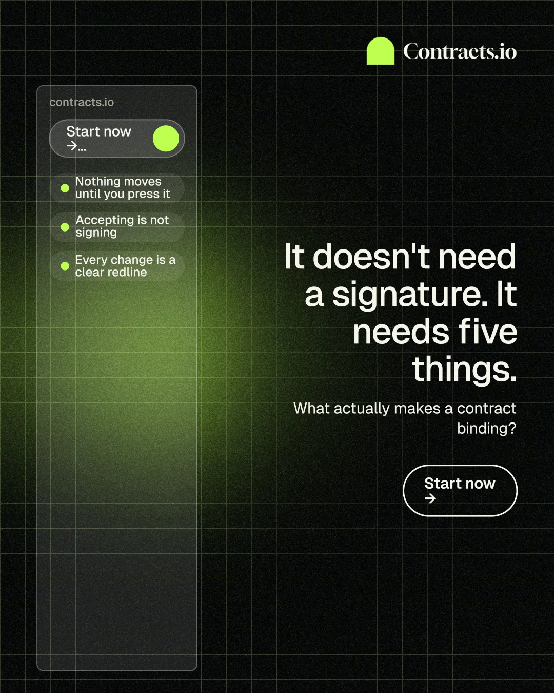 Instagram portrait post for contracts.io: "It doesn't need a signature. It needs five things." Phosphor atlas style, right layout, dark palette in black, green.