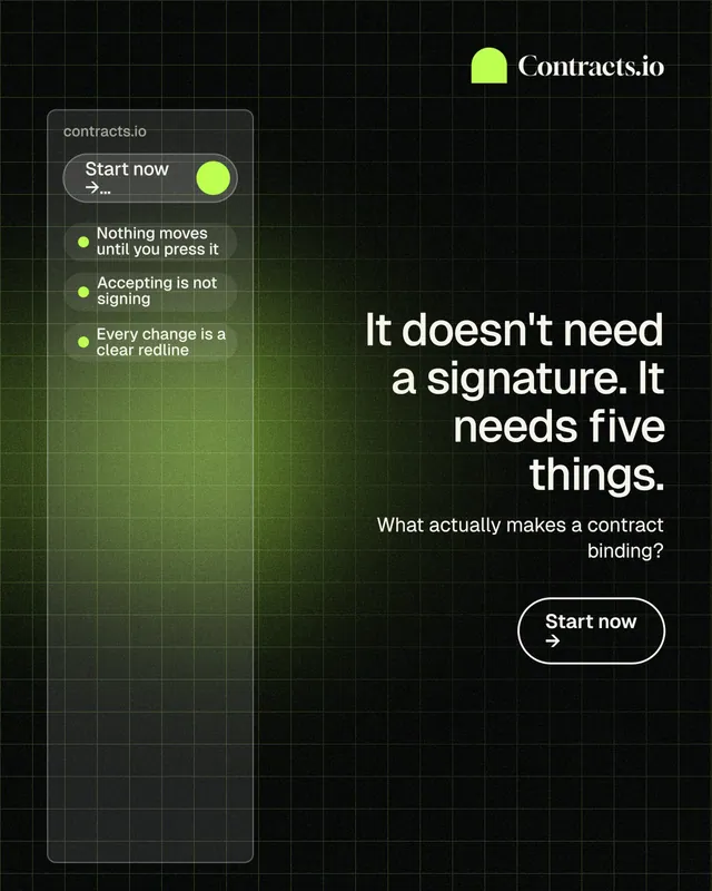 Instagram portrait post for contracts.io: "It doesn't need a signature. It needs five things." Phosphor atlas style, right layout, dark palette in black, green.