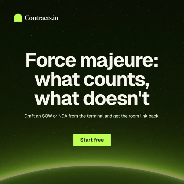 Instagram post for contracts.io: "Force majeure: what counts, what doesn't". Swiss style, centred layout, dark palette in green, black.