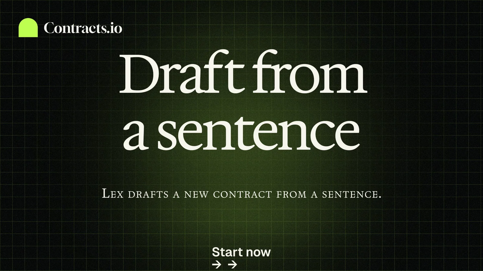 Landscape graphic for contracts.io: "Draft from a sentence". Phosphor atlas style, smallcaps layout, dark palette in black, grey.