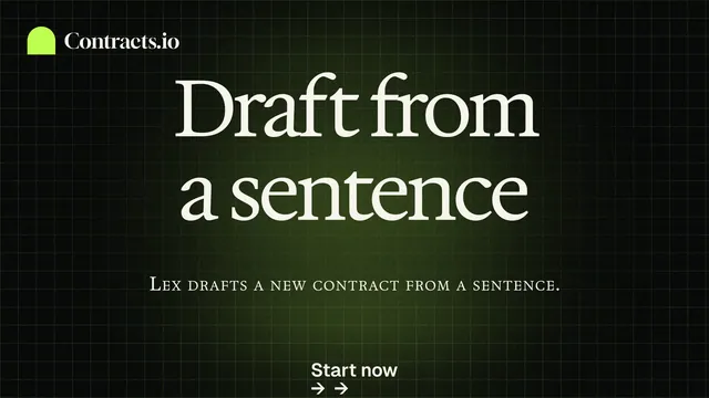 Landscape graphic for contracts.io: "Draft from a sentence". Phosphor atlas style, smallcaps layout, dark palette in black, grey.