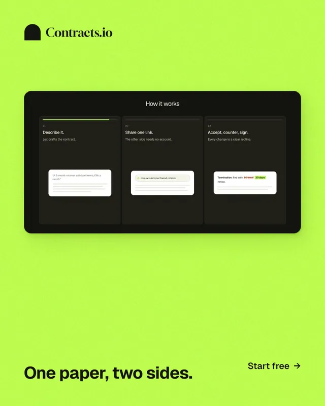 Instagram portrait post for contracts.io: "One paper, two sides." Swiss style, image led layout, light palette in green.