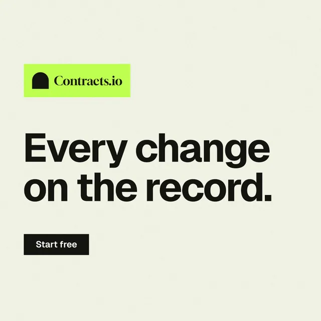Instagram post for contracts.io: "Every change on the record." Swiss style, announce layout, light palette in white, yellow, grey.