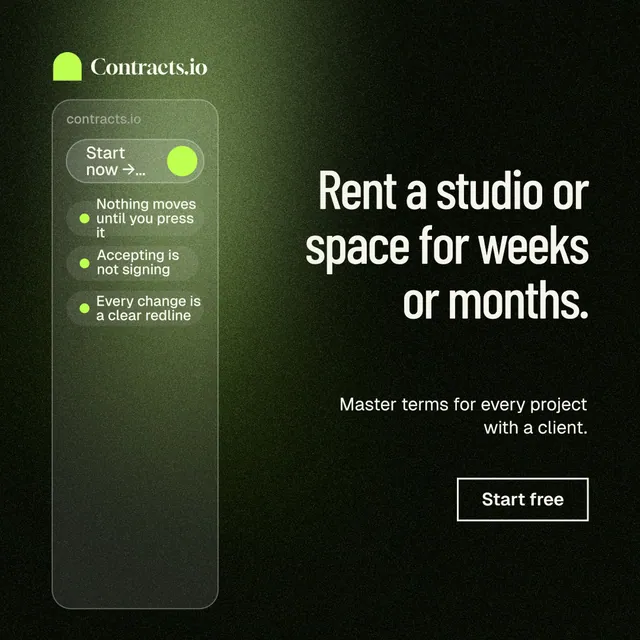 Instagram post for contracts.io: "Rent a studio or space for weeks or months." Dark deco style, right layout, dark palette in black, green, grey.