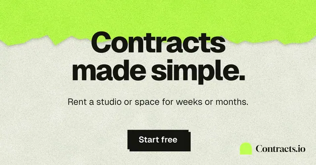 Social ad for contracts.io: "Contracts made simple." Paper trio style, centred layout, light palette in green, grey.