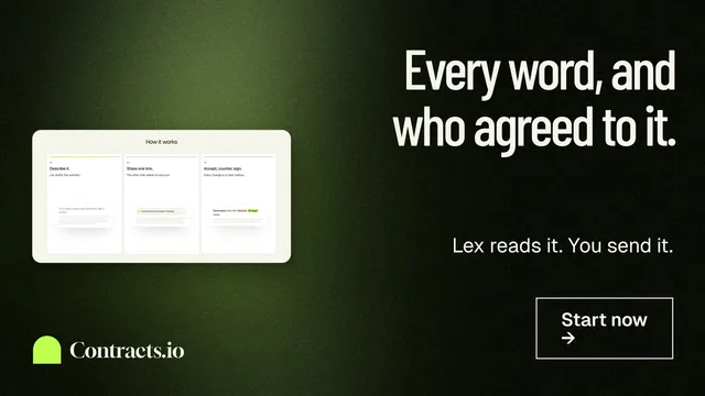Landscape graphic for contracts.io: "Every word, and who agreed to it." Dark deco style, right layout, dark palette in green, black, grey.