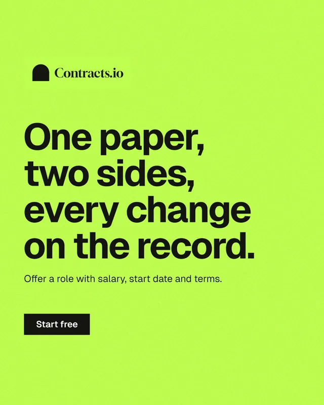 Instagram portrait post for contracts.io: "One paper, two sides, every change on the record." Swiss style, announce layout, light palette in green.