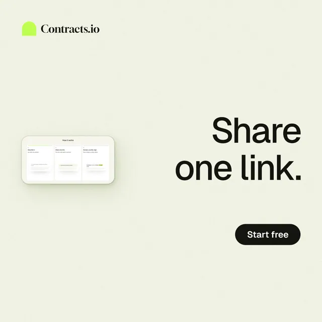 Instagram post for contracts.io: "Share one link." Data card style, right layout, light palette in white.
