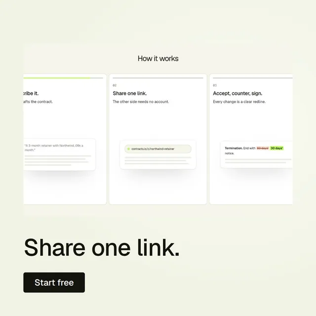 Video for contracts.io: "Share one link.". Doc motion loop, 6.0 s, light palette.