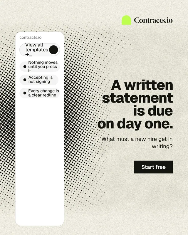 Instagram portrait post for contracts.io: "A written statement is due on day one." Ink sticker style, right layout, light palette in white, yellow, grey.