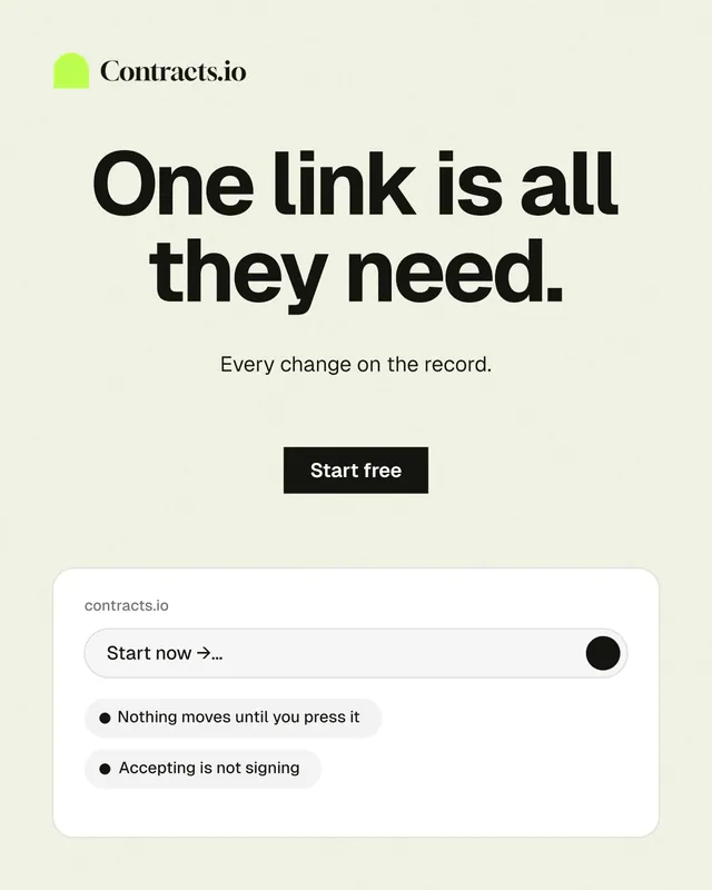 Instagram portrait post for contracts.io: "One link is all they need." Swiss style, centred layout, light palette in white, grey.