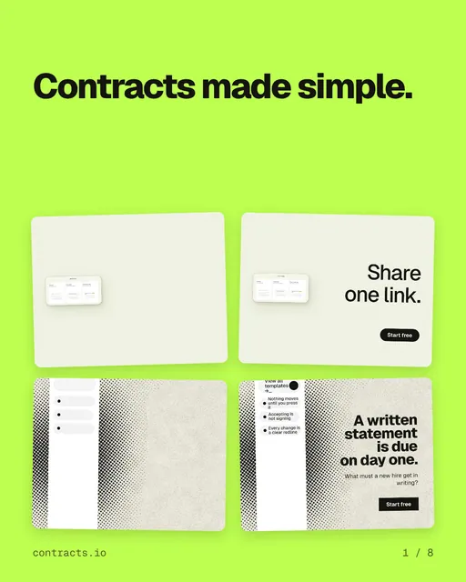 Carousel for contracts.io: "Contracts made simple.". Collection carousel, 8 slides, light palette.