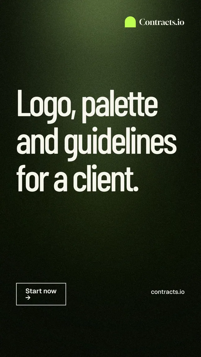 Instagram story for contracts.io: "Logo, palette and guidelines for a client." Dark deco style, poster layout, dark palette in black, green, grey.