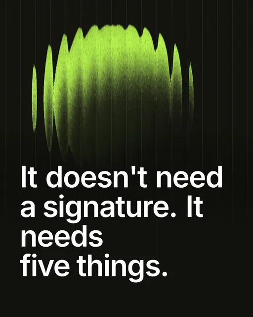 Video for contracts.io: "It doesn't need a signature. It needs five things.". Shader loop, 6.0 s, dark palette.