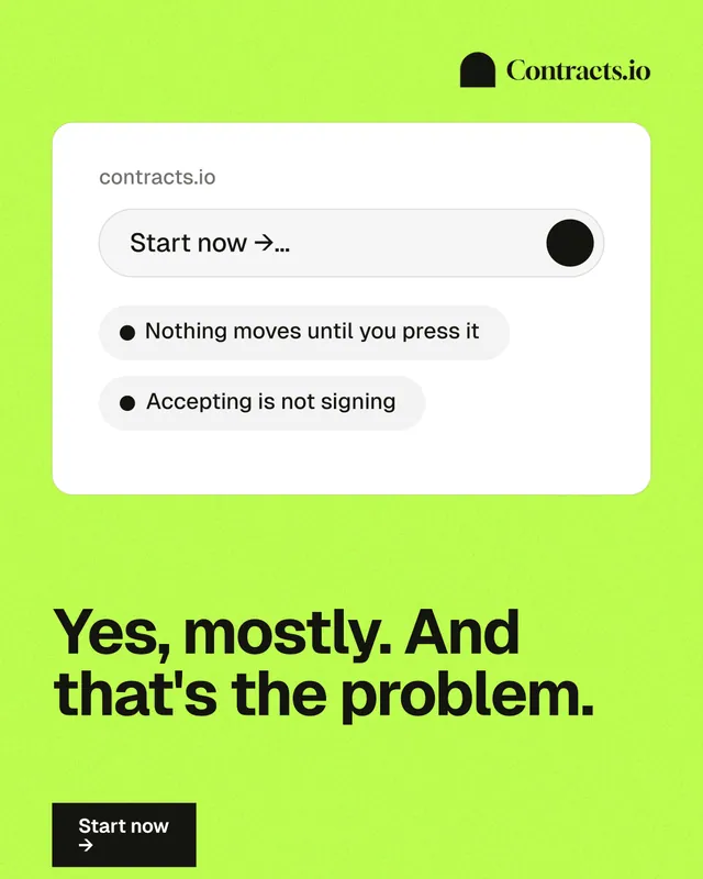 Instagram portrait post for contracts.io: "Yes, mostly. And that's the problem." Swiss style, bottom layout, light palette in white, green.
