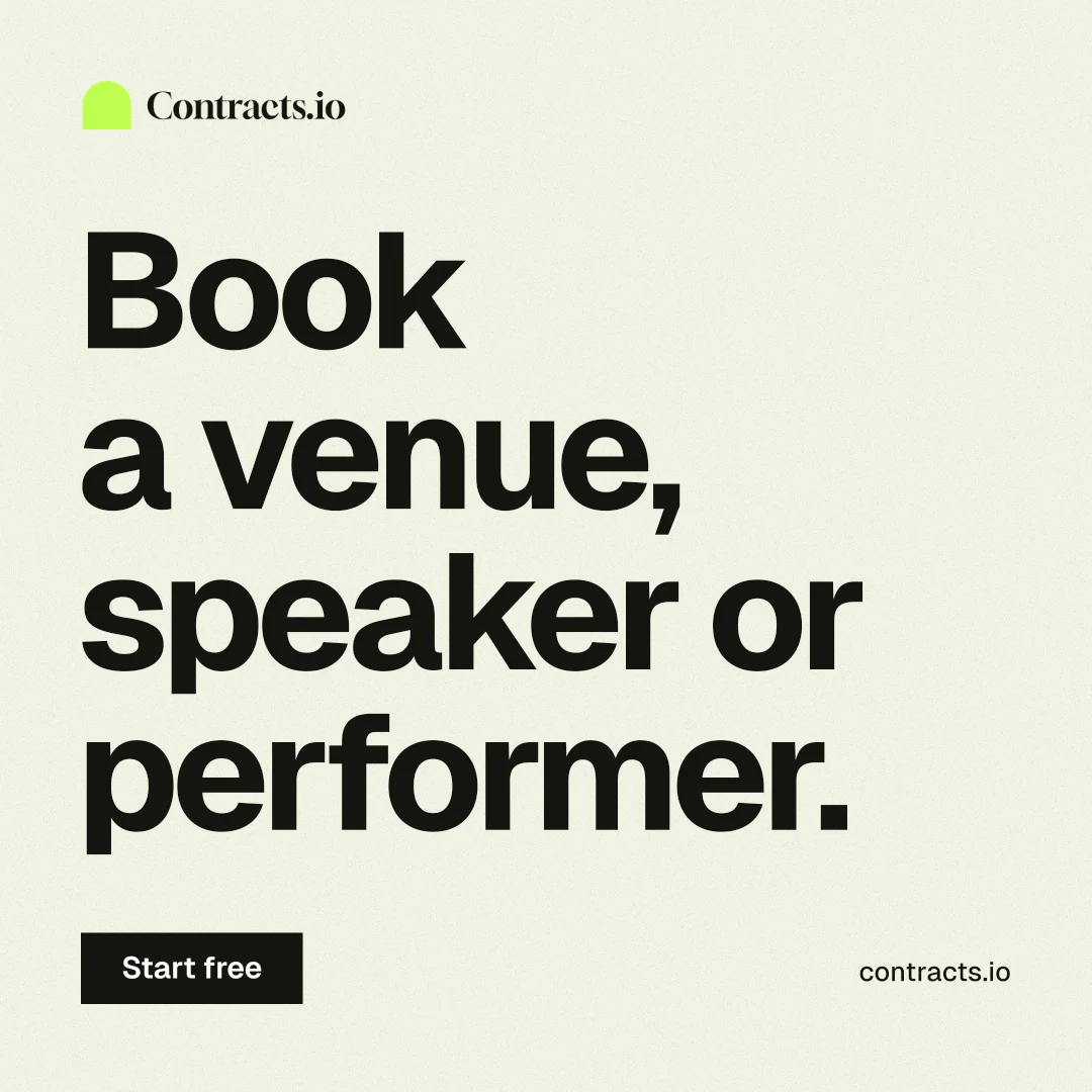 Instagram post for contracts.io: "Book a venue, speaker or performer." Swiss style, poster layout, light palette in white, grey.