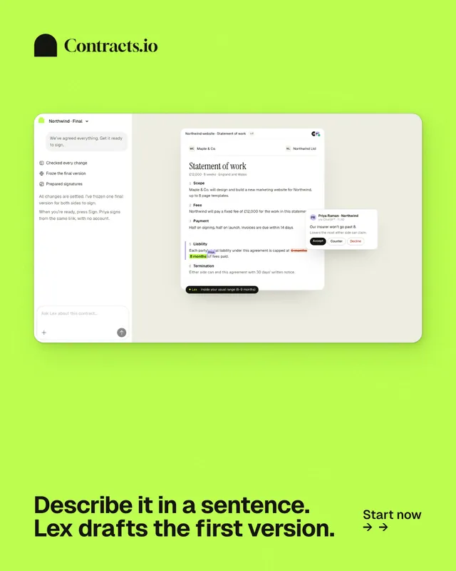 Instagram portrait post for contracts.io: "Describe it in a sentence. Lex drafts the first version." Swiss style, image led layout, light palette in green.